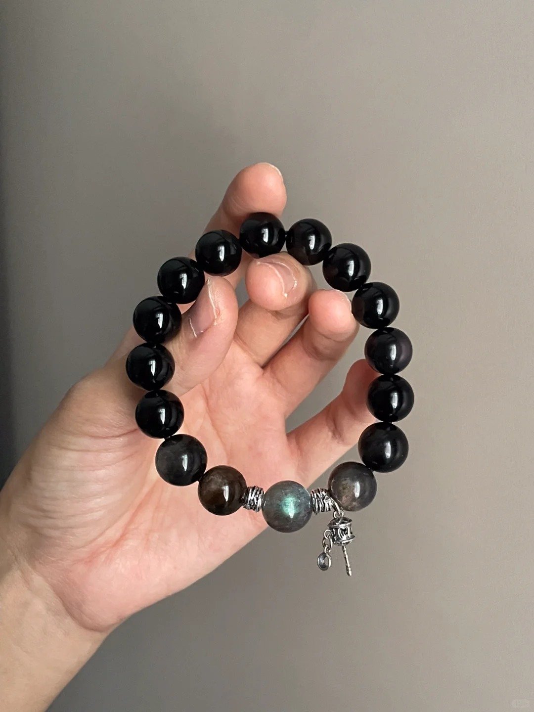 Holding 12mm Double-Eye Silver Obsidian Bracelet, Moonstone Labradorite & Black Gold Quartz Ignite Spiritual Field