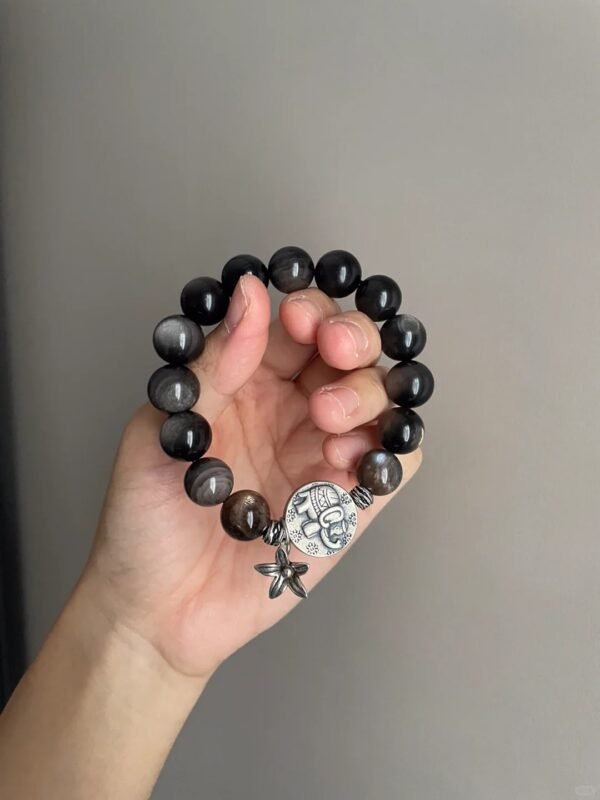 Multi-Angle 12mm Silver Obsidian Bracelet, Water-Metal-Earth Energy Synergy Matrix