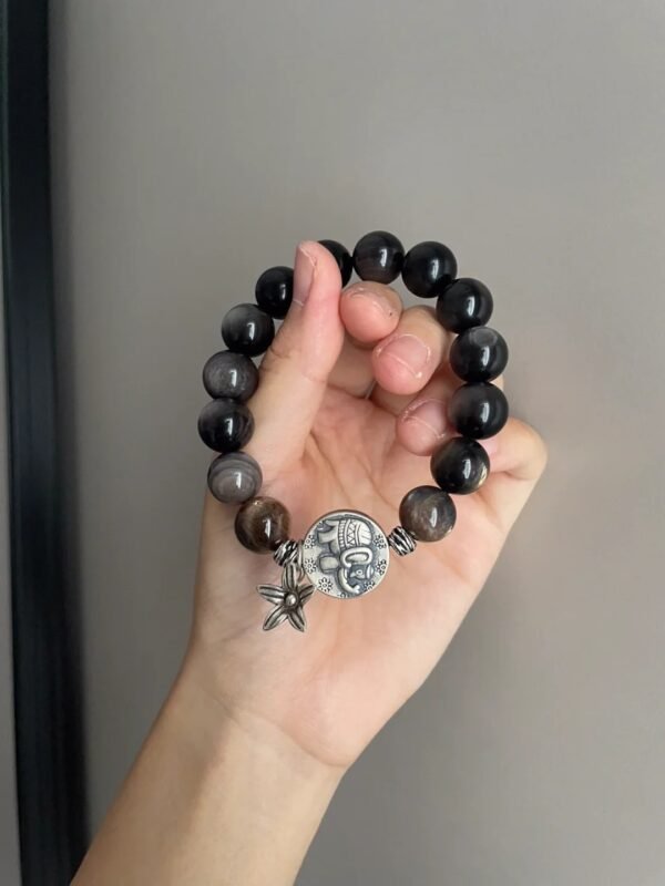 Close-Up Of 12mm Silver Obsidian Bracelet, Spiritual Symbol Code Of Silver Elephant Pendant