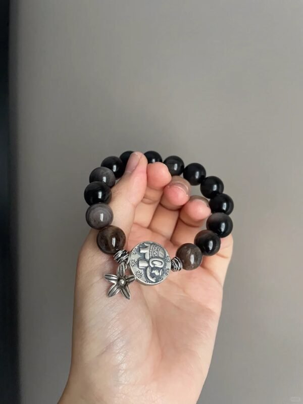 Displaying 12mm Silver Obsidian Bracelet, Water Protection Field From Obsidian