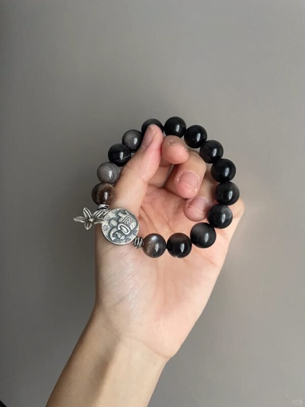 Wearing 12mm Silver Obsidian Bracelet, Earth Foundation From Black Gold Quartz