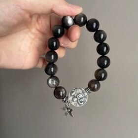 Details Of 12mm Silver Obsidian Bracelet, Metal Symbol Power Of Silver Elephant Pendant