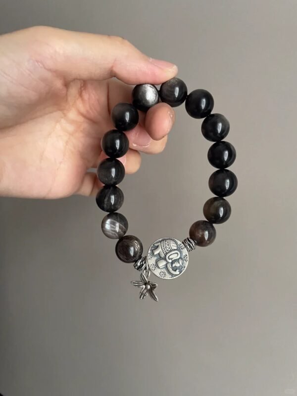Details Of 12mm Silver Obsidian Bracelet, Metal Symbol Power Of Silver Elephant Pendant