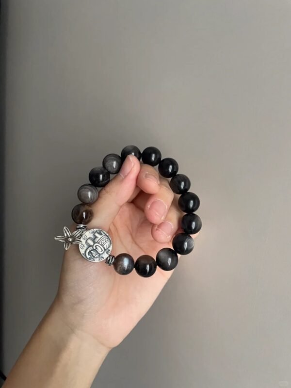 12mm Silver Obsidian Bracelet Resting, Water Purification & Earth Stability Resonance