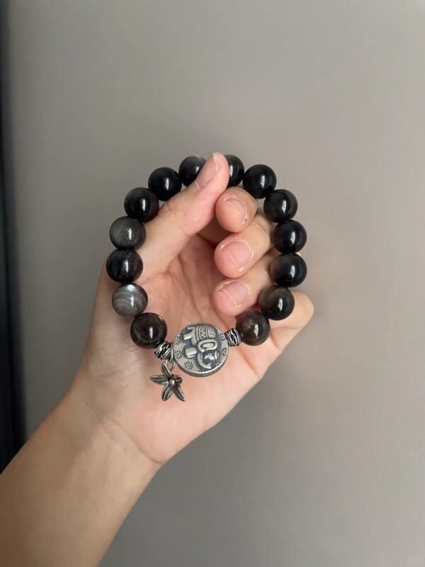 Holding 12mm Silver Obsidian Bracelet, Silver Elephant Pendant Anchors Metal Energy