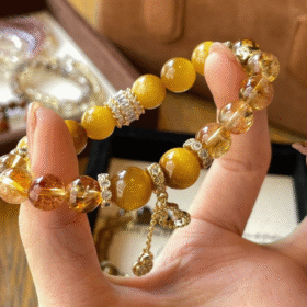 Holding 10mm Gold Tiger Eye & Citrine Bracelet, Metal Anchoring Details Of Silver-Gold Plated