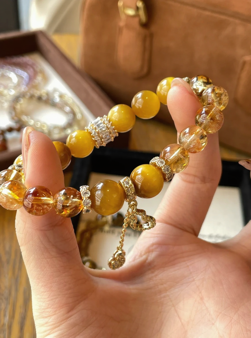 Holding 10mm Gold Tiger Eye & Citrine Bracelet, Metal Anchoring Details Of Silver-Gold Plated