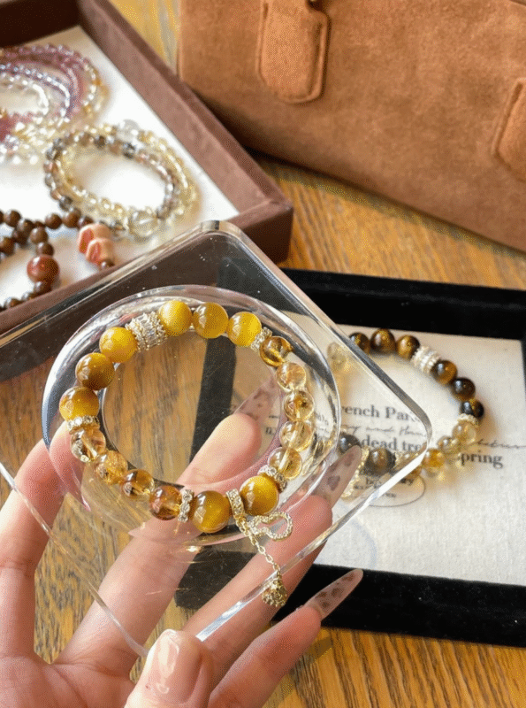 Displaying 10mm Gold Tiger Eye & Citrine Bracelet, Silver-Gold Plated Accents Link Wood-Fire Energy