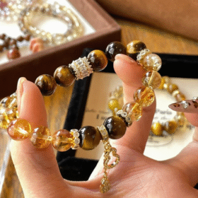 Holding 10mm Yellow Tiger Eye & Citrine Bracelet, Silver-Gold Plated Accents Ignite Manifestation Field