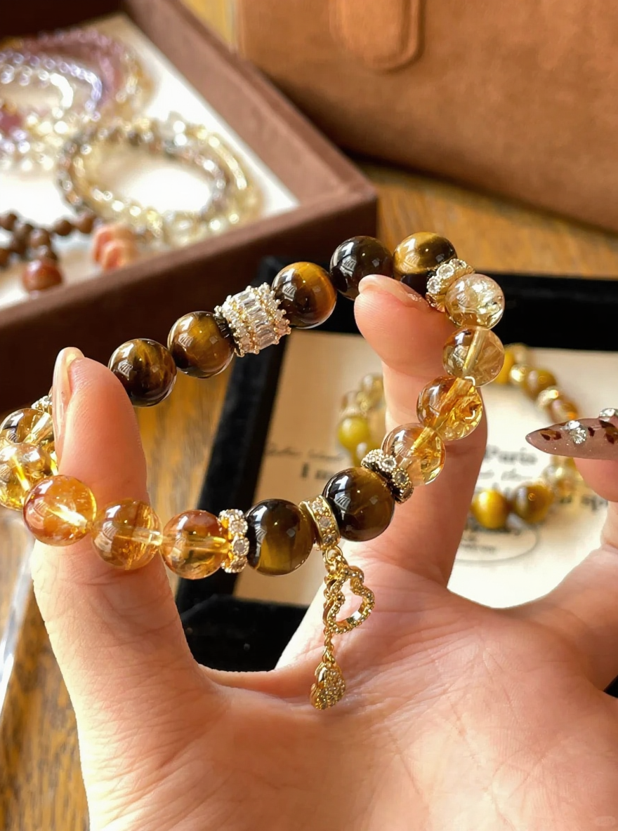 Holding 10mm Yellow Tiger Eye & Citrine Bracelet, Silver-Gold Plated Accents Ignite Manifestation Field