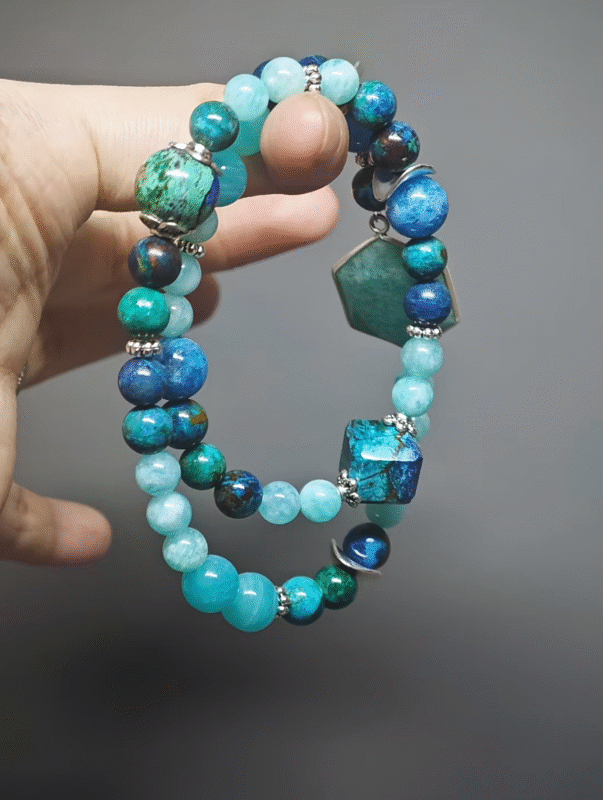 Multi-angle view of the double-strand bracelet, showing 3D water-wood-metal awakening with Amazonite, Chrysocolla, and silver