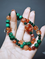 Double-strand bracelet worn, building a fire-wood energy field with Red Fire Quartz and Malachite