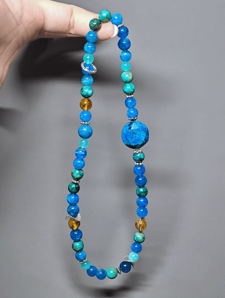 Close-up of Amber and Blue Apatite in sync, metal-element amplifying water-wood energy resonance