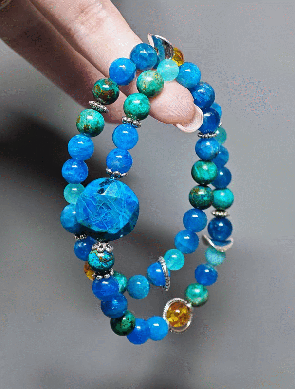 Split display of the double-strand bracelet, independent energy and synergistic fission of Blue Apatite, Chrysocolla Pine, Amber, Amazonite