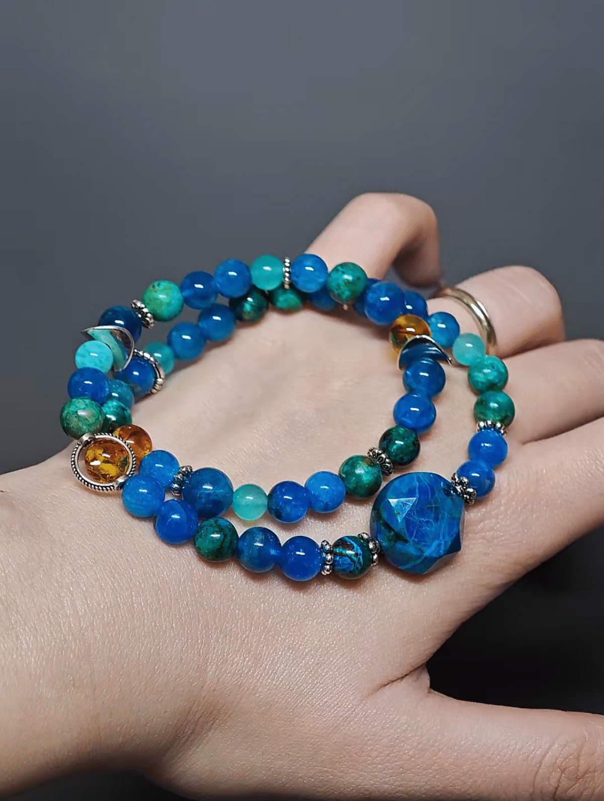 Double-strand bracelet worn, daily energy field built by Blue Apatite, Chrysocolla Pine, Amber, Amazonite