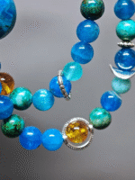 Double-strand bracelet showcasing color layers and energy distribution of 8mm/9mm Blue Apatite, 8mm Chrysocolla Pine, 8mm Amber, 6mm Amazonite