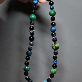 Close-up of Blue Tiger’s Eye and Azurite in sync, silver amplifying wood-water resonance