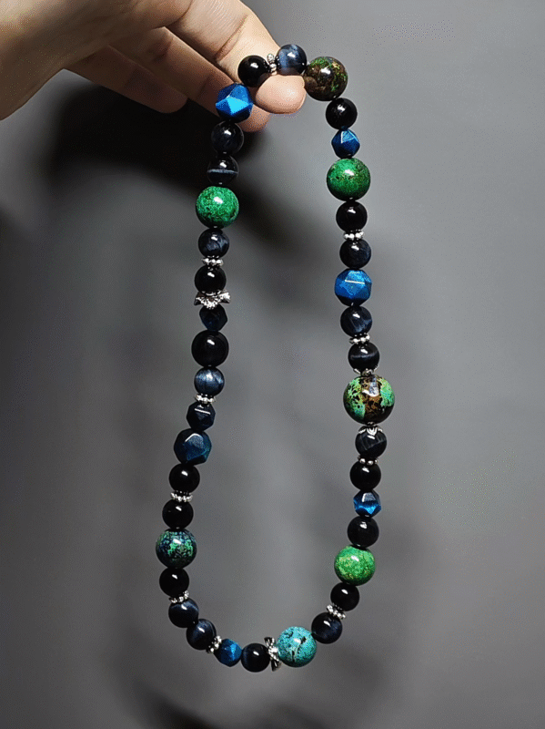 Close-up of Blue Tiger’s Eye and Azurite in sync, silver amplifying wood-water resonance