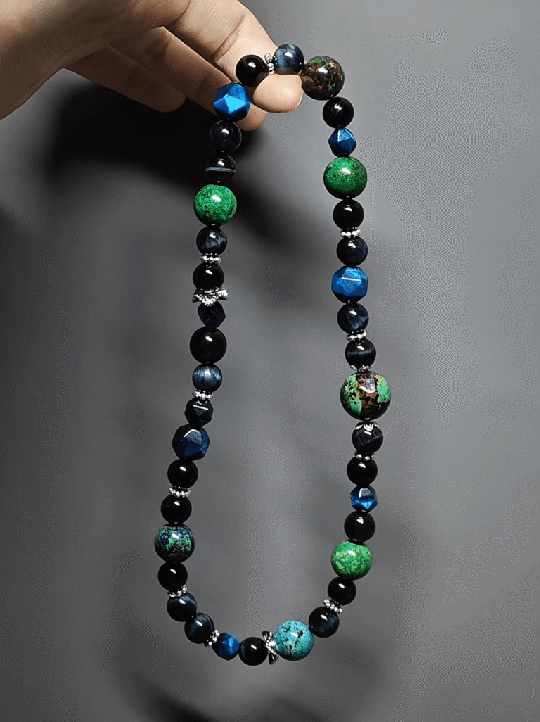 Close-up of Blue Tiger’s Eye and Azurite in sync, silver amplifying wood-water resonance