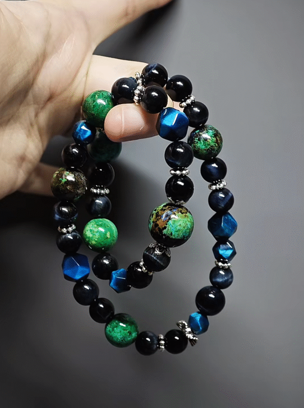 Double-strand bracelet resting, with layered 8mm Blue Tiger’s Eye and Azurite, highlighting wood-water synergy