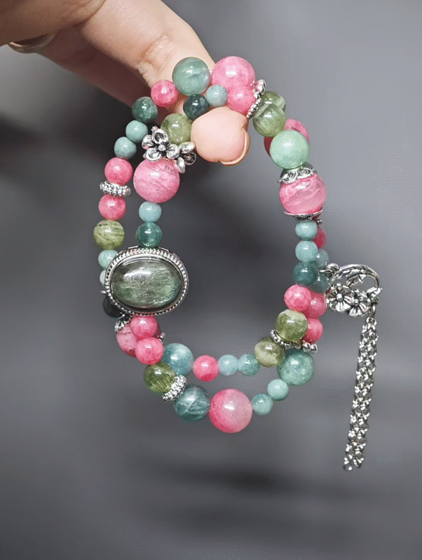 Split display of the double-strand bracelet, independent and synergistic energy of Fuchsite, Rhodonite, Grandidierite