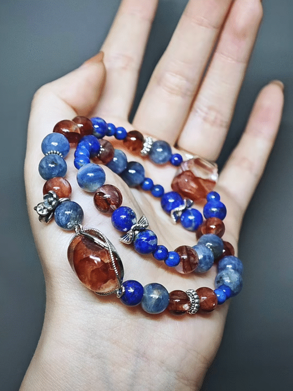 Double - strand bracelet worn, building a daily energy field with Fire Quartz, Kyanite, and Lapis Lazuli