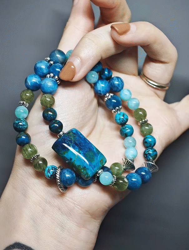 Dynamic display of the bracelet, resonating Chrysocolla breakthrough and Amazonite/Blue Apatite purification