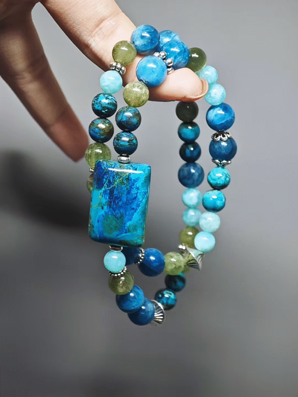 Double-strand bracelet worn, building a daily energy field with Chrysocolla, Green Grandidierite, Amazonite, Blue Apatite