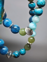 Double-strand bracelet displaying color layers of Chrysocolla, Green Grandidierite, Amazonite, Blue Apatite, highlighting wood-earth-water synergy
