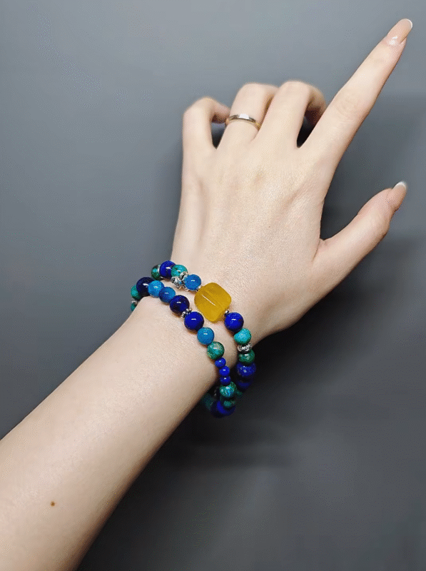 Double-strand bracelet worn, colliding earth-metal energy of Yellow Fluorite and Lapis Lazuli