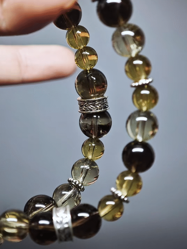 Close-up of 8mm Smoky Quartz beads, earth-element stability hub