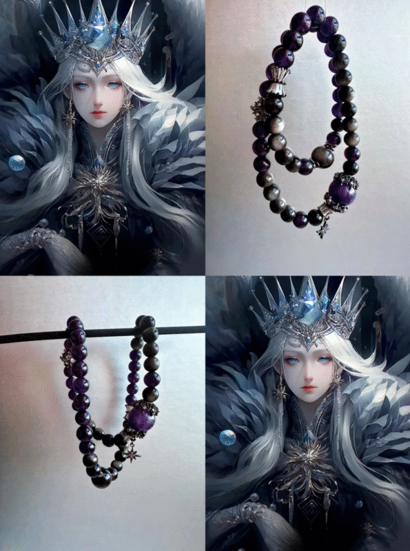 Display of the double - strand bracelet, demonstrating the resonant Capricorn guardian energy of Amethyst and Silver Obsidian