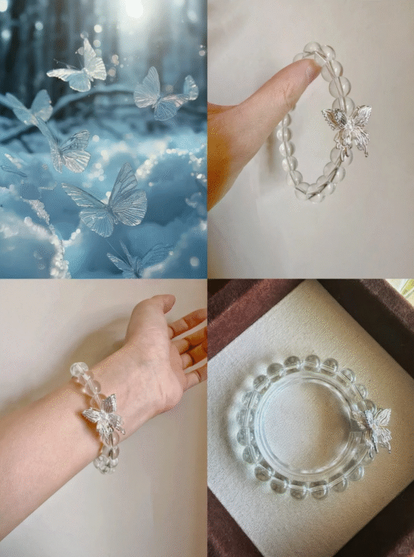 Silver butterfly pendant and bracelet wearing scene, daily spiritual awakening with metal-element energy.