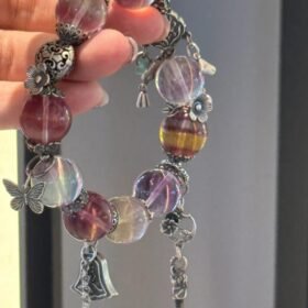 Wearing view of Rainbow Fluorite bracelet, colorful energy’s creative flow