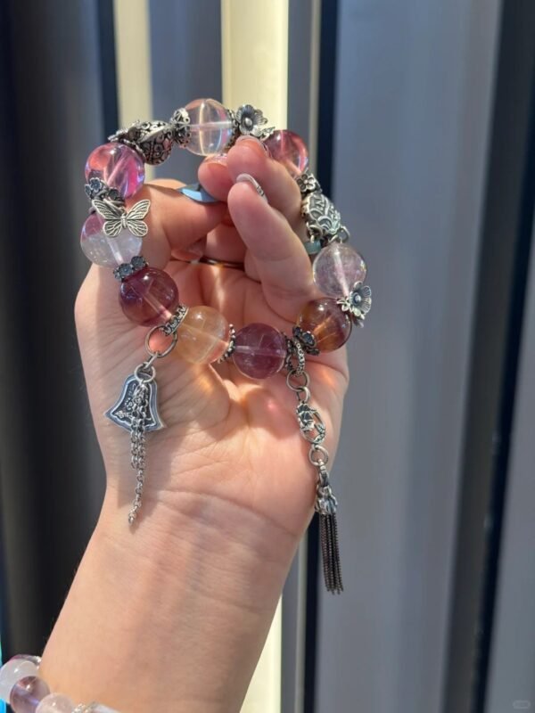 Detail of Rainbow Fluorite bracelet, silver accents and beads’ color-metal synergy