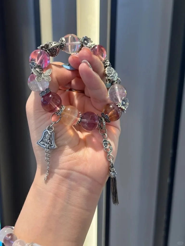 Detail of Rainbow Fluorite bracelet, silver accents and beads’ color-metal synergy