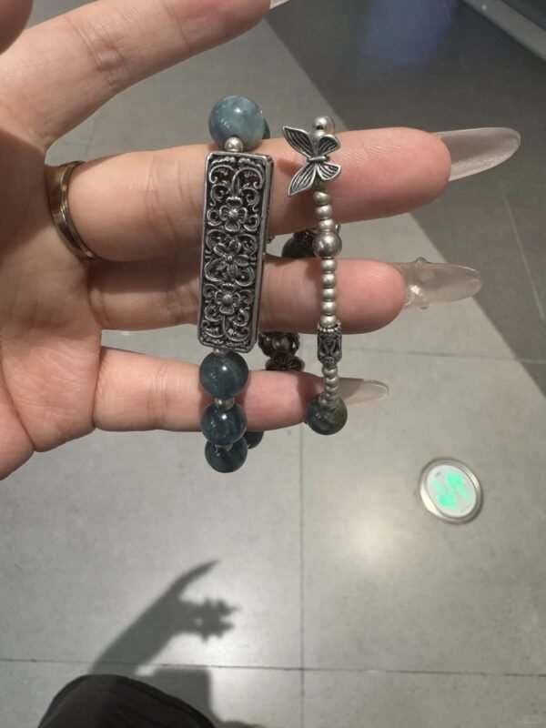 Detail of Blue-Green Quartz bracelet, silver square totem and beads, water-metal synergy