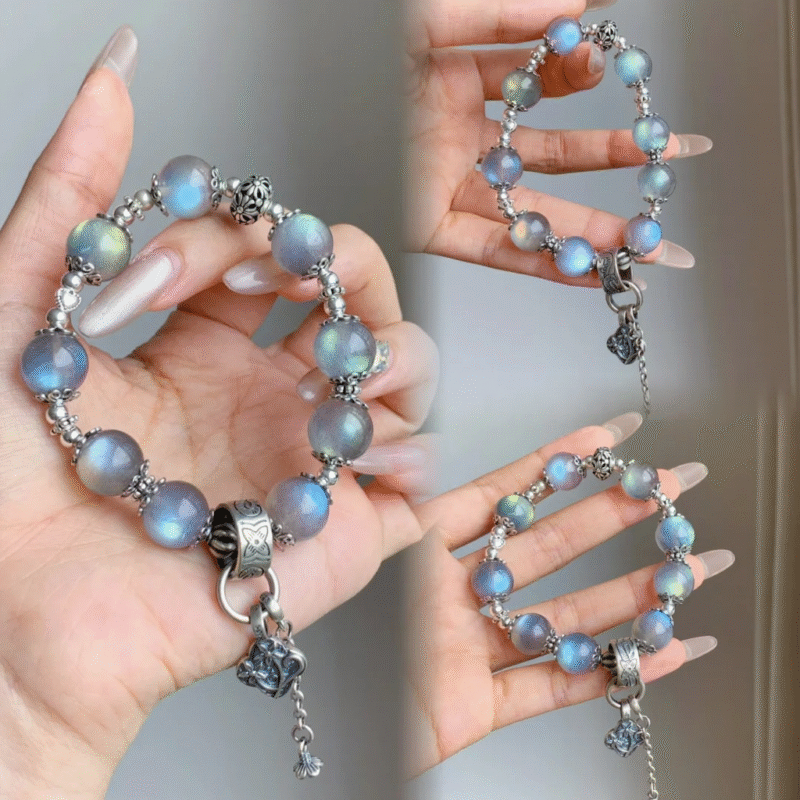Full display of Gray Moonstone bracelet, water-metal spiritual awakening