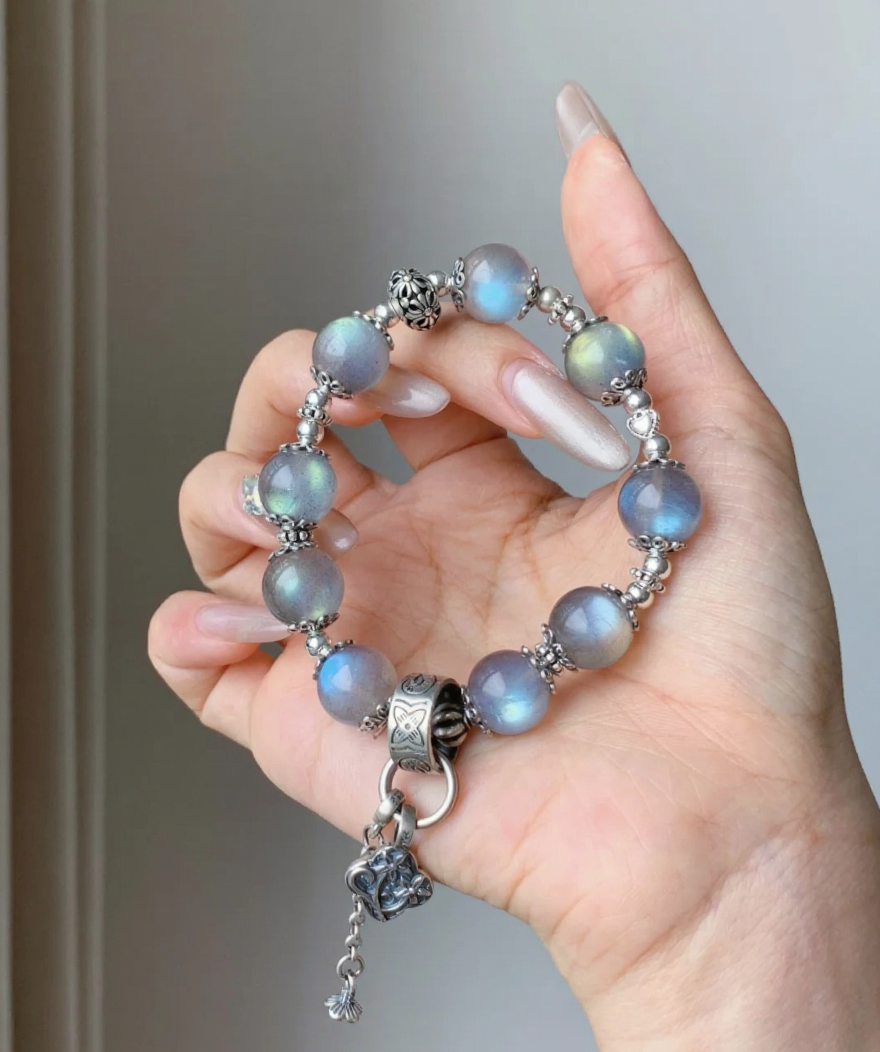Detail of Gray Moonstone bracelet, silver accents & beads’ water-metal synergy