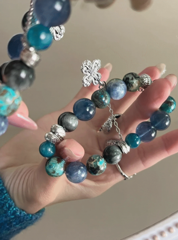 Multi-gem bracelet detail, silver & beads’ synergy