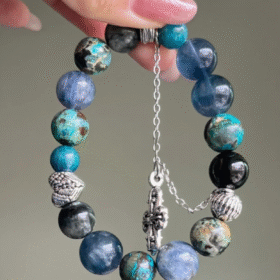 Dual-view of multi-gem bracelet, blue-metal creative flow