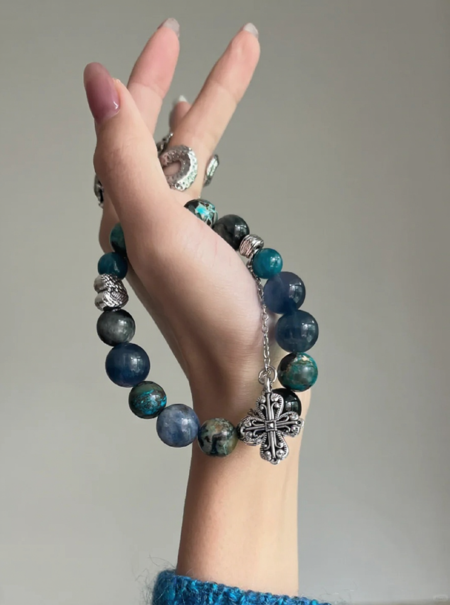 Full view of multi-gem bracelet, blue-metal spiritual awakening