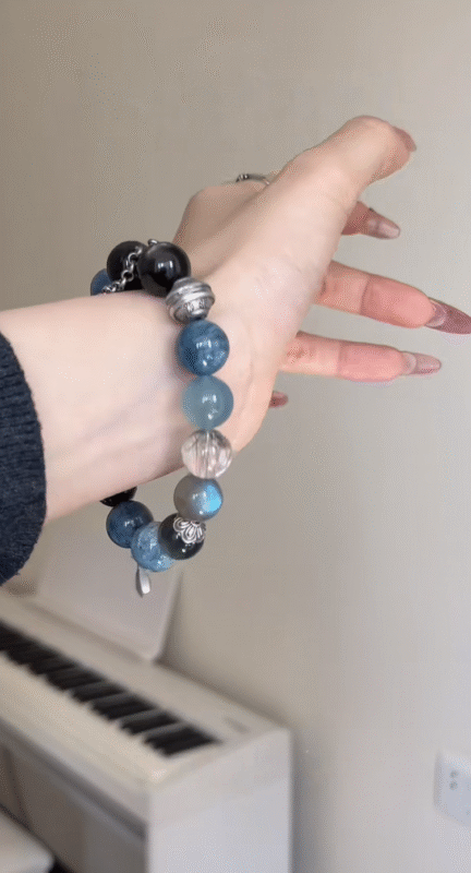 Panoramic View of Aquamarine Multi-Gem Bracelet, Water-Wood-Metal-Earth Energy Weaves Fate Awakening Field