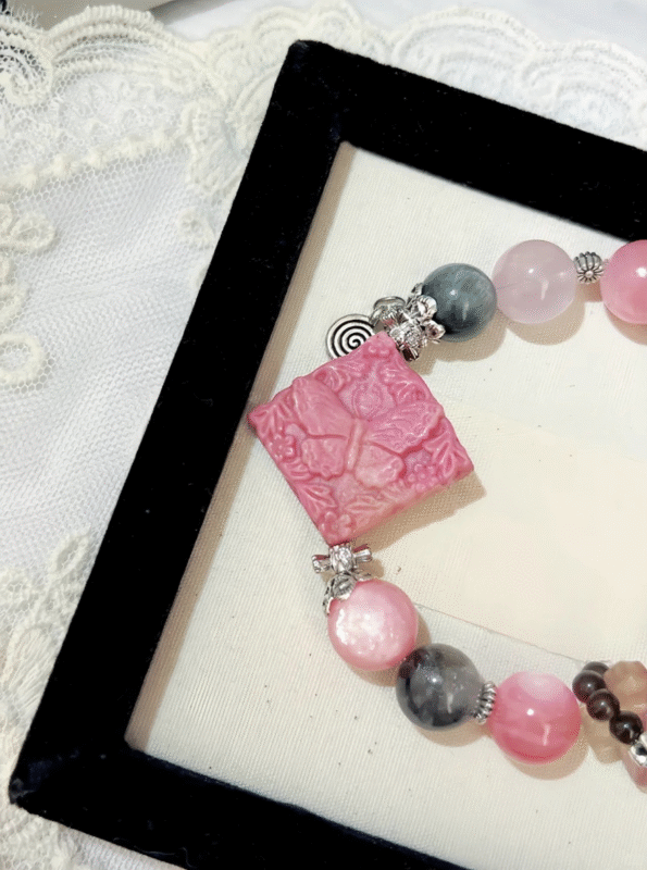 Rhodonite Bracelet Display Close-Up, Fire-Earth-Water-Metal Love Finale Manifestation