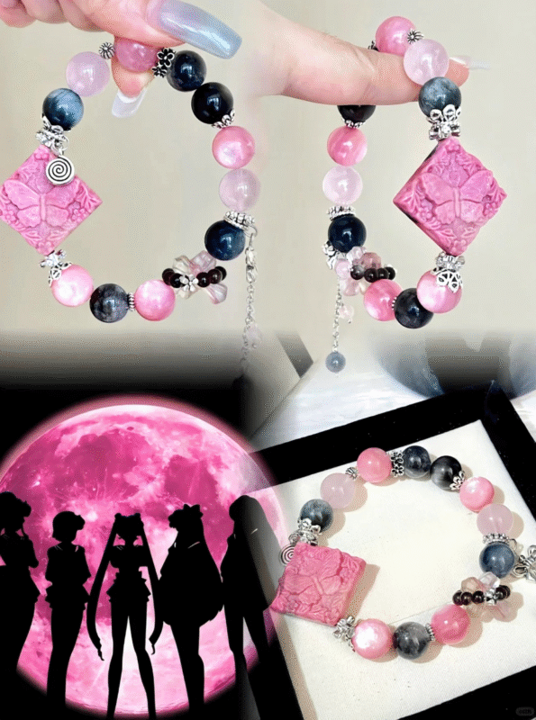 Rhodonite Bracelet With Silhouette, Fire-Earth-Water-Metal Night Love Awakening