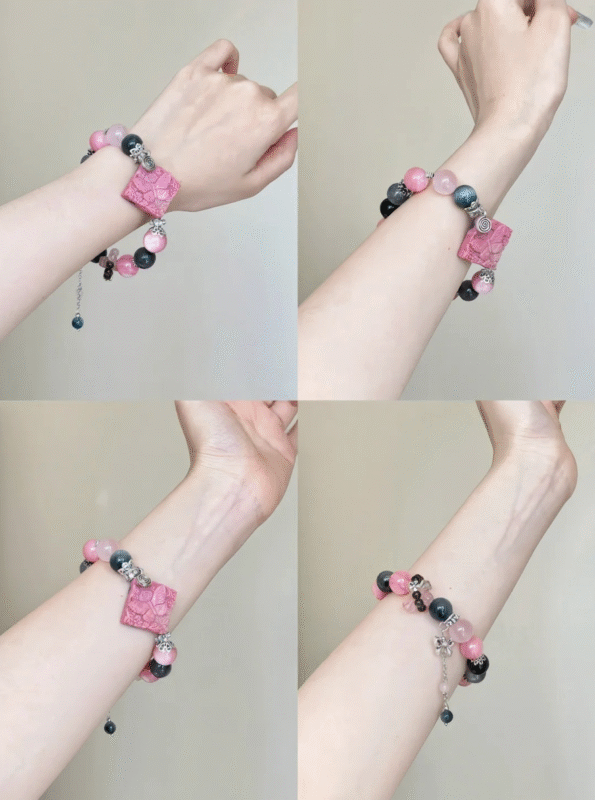 Stacked Rhodonite Bracelets, Fire-Earth-Water-Metal Weave Love Energy Shield