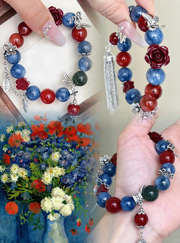 Cinnabar Bracelet With Flowers, Fire-Wood-Metal-Earth Protection Energy Bursts (S925 Silver Details)