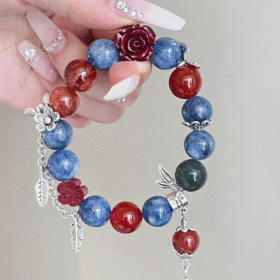 Detail of Cinnabar Rose & Blue Apatite, Fire Veins Etch Protection Totem (S925 Silver Accents)