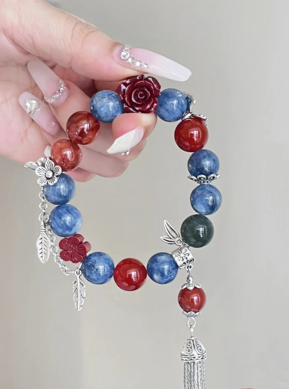 Detail of Cinnabar Rose & Blue Apatite, Fire Veins Etch Protection Totem (S925 Silver Accents)