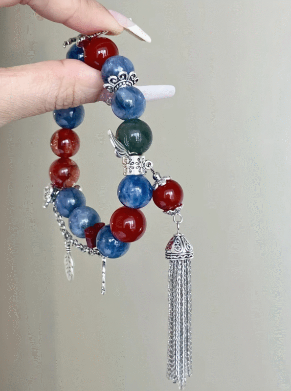 Panoramic View of Cinnabar & Blue Apatite Bracelet, Fire-Wood-Metal-Earth Energy Weaves Protection Field